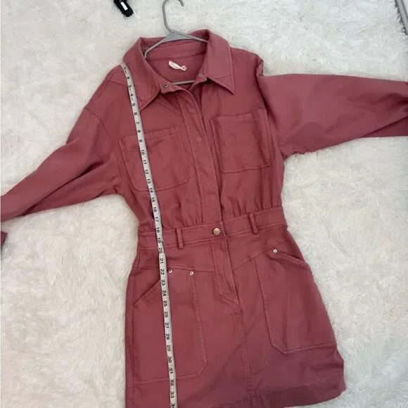 Avec Les Filles Pink Coverall Denim 3/4 Snap Front Patch Pocket Dress Size S - Picture 13 of 15